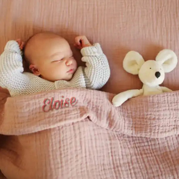 Bambino che dorme con il topo di peluche.