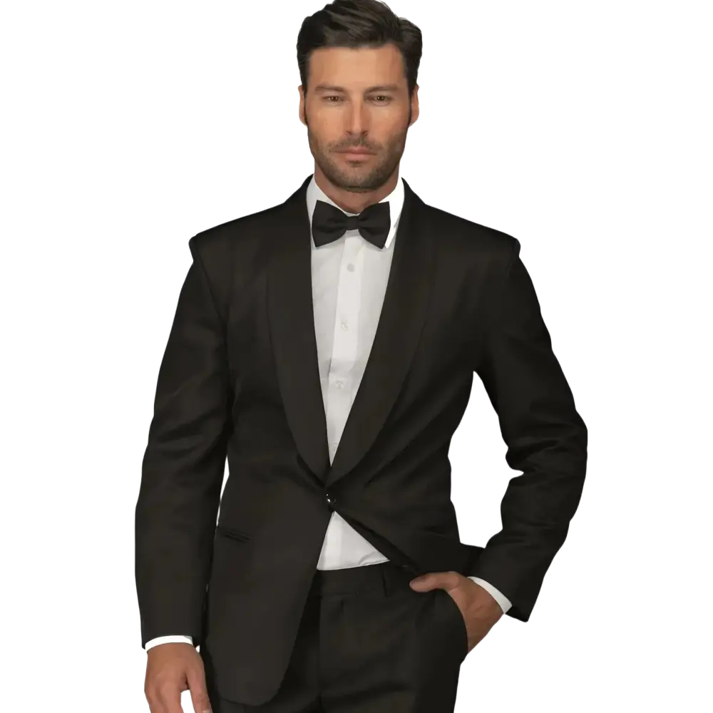 Un uomo in smoking nero con papillon e camicia bianca.