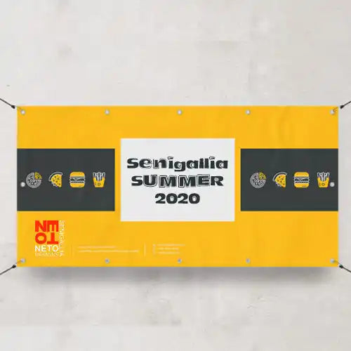 Banner giallo con icone di cibo.