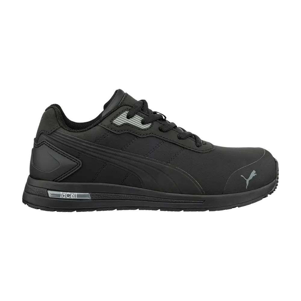 Scarpa di sicurezza Black Puma Idcell con design elegante e accenti grigi sottili.