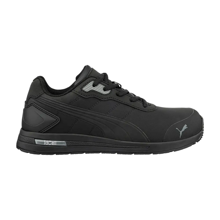 Scarpa di sicurezza Black Puma Idcell con design elegante e accenti grigi sottili.