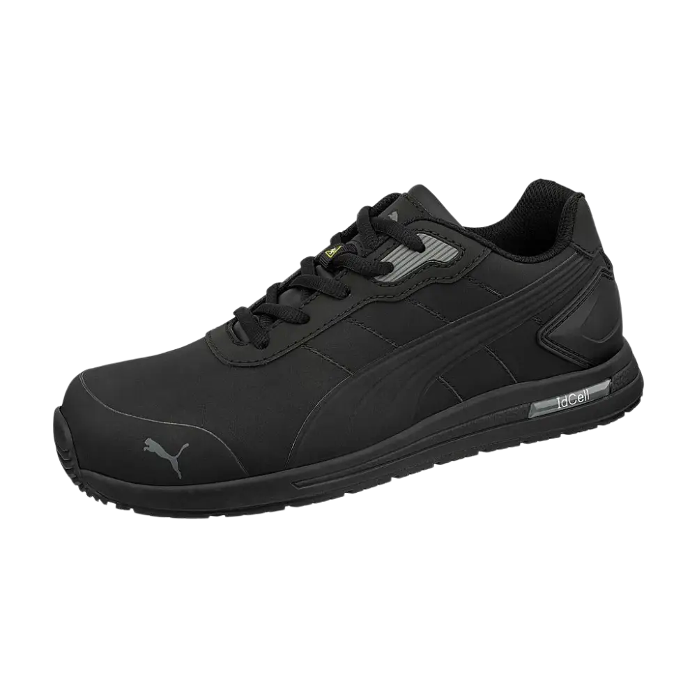 Scarpa di sicurezza Puma nera con un design elegante e moderno che presenta accenti grigi sottili e il marchio della tecnologia ’idcell’ sulla suola intermedia.