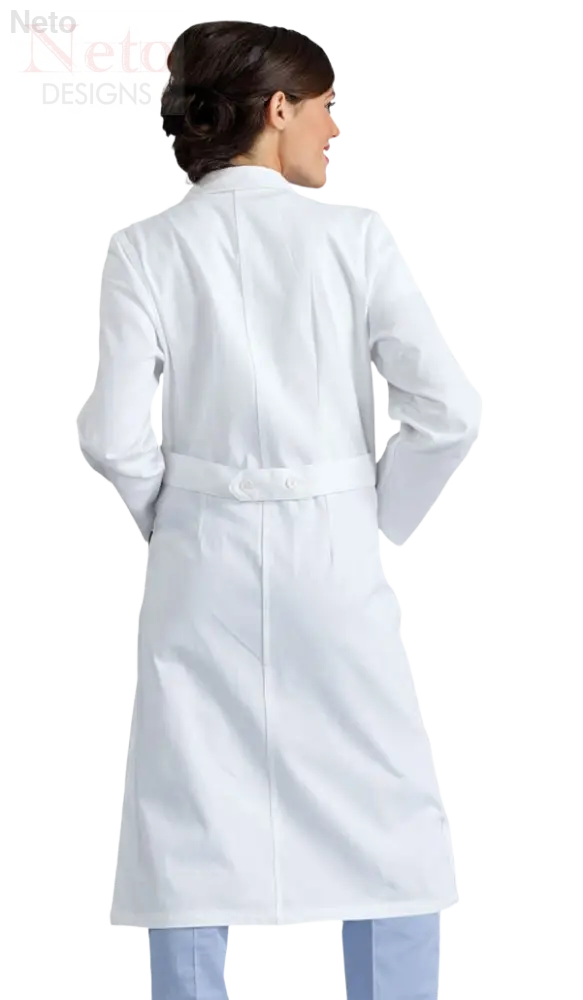 Camice medico donna bianco a maniche lunghe con cintura e bottoni sul retro