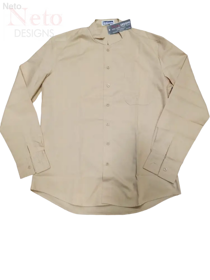 Camicia coreana in cotone khaki con colletto e maniche lunghe