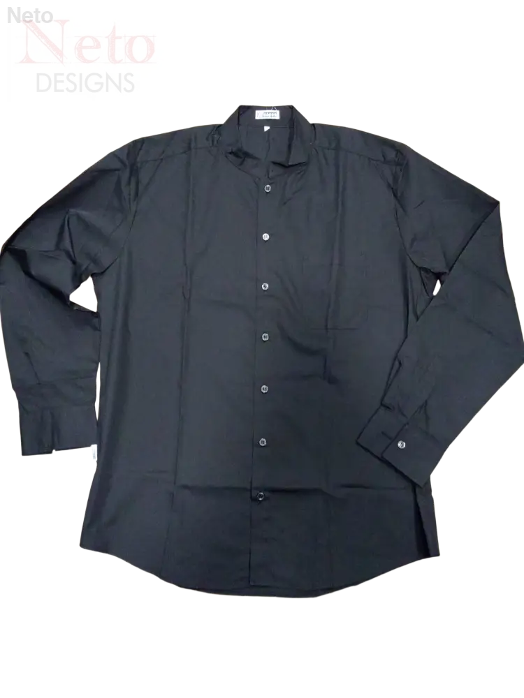 Camicia coreana nera in poliestere e cotone con colletto e maniche lunghe