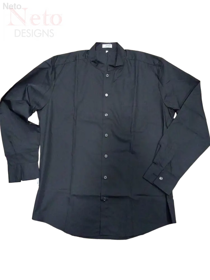 Camicia coreana nera in poliestere e cotone con colletto e maniche lunghe