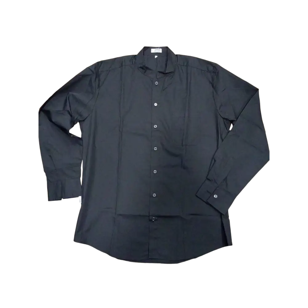 Camicia nera con bottoni, maniche lunghe e colletto, probabilmente in cotone o miscela di poliestere.