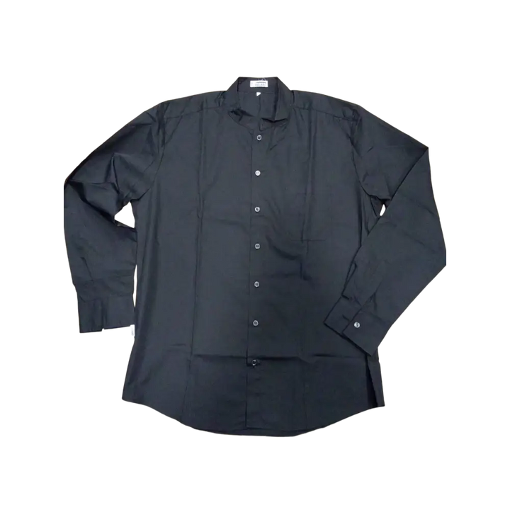 Camicia nera con bottoni, maniche lunghe e colletto, probabilmente in cotone o miscela di poliestere.