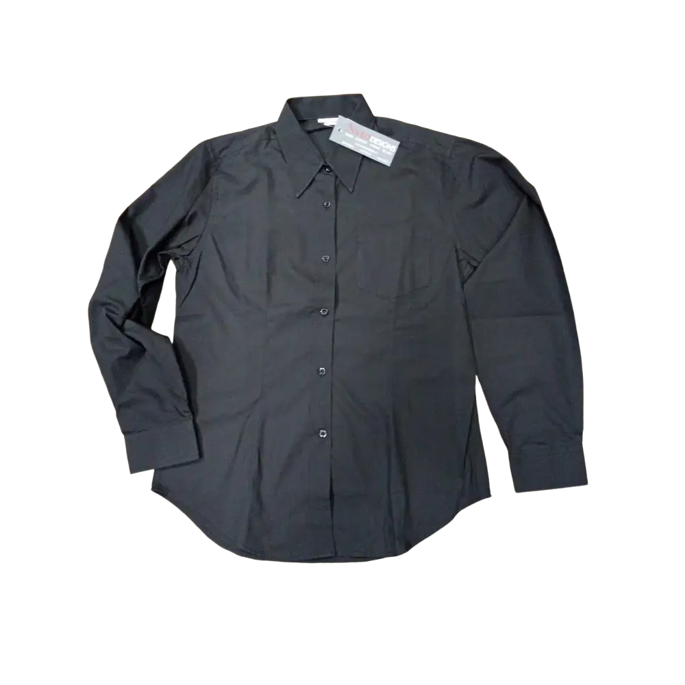 Camicia nera con bottoni, maniche lunghe e colletto classico, probabilmente in cotone o miscela di poliestere.