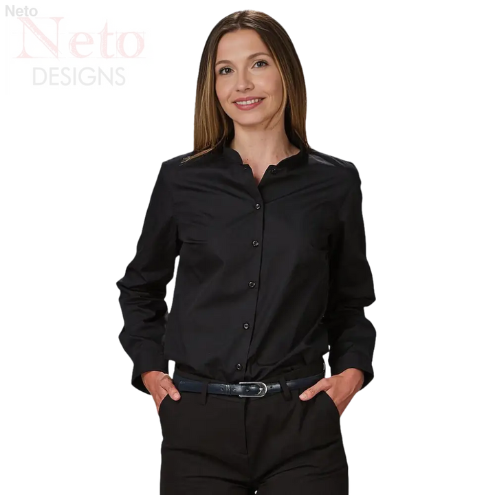 Camicia donna collo coreana manica lunga, donna in camicia nera