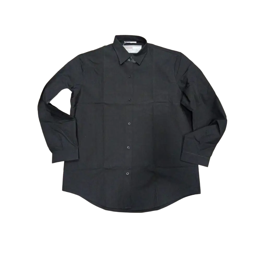 Camicia nera con bottoni, maniche lunghe e colletto classico, probabilmente in cotone o miscela di poliestere.