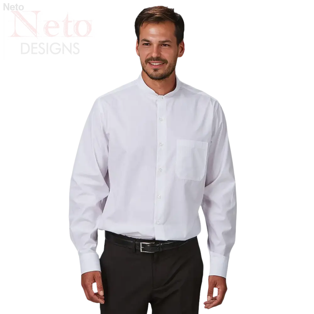 Camicia uomo alla coreana bianca con colletto a banda e manica lunga