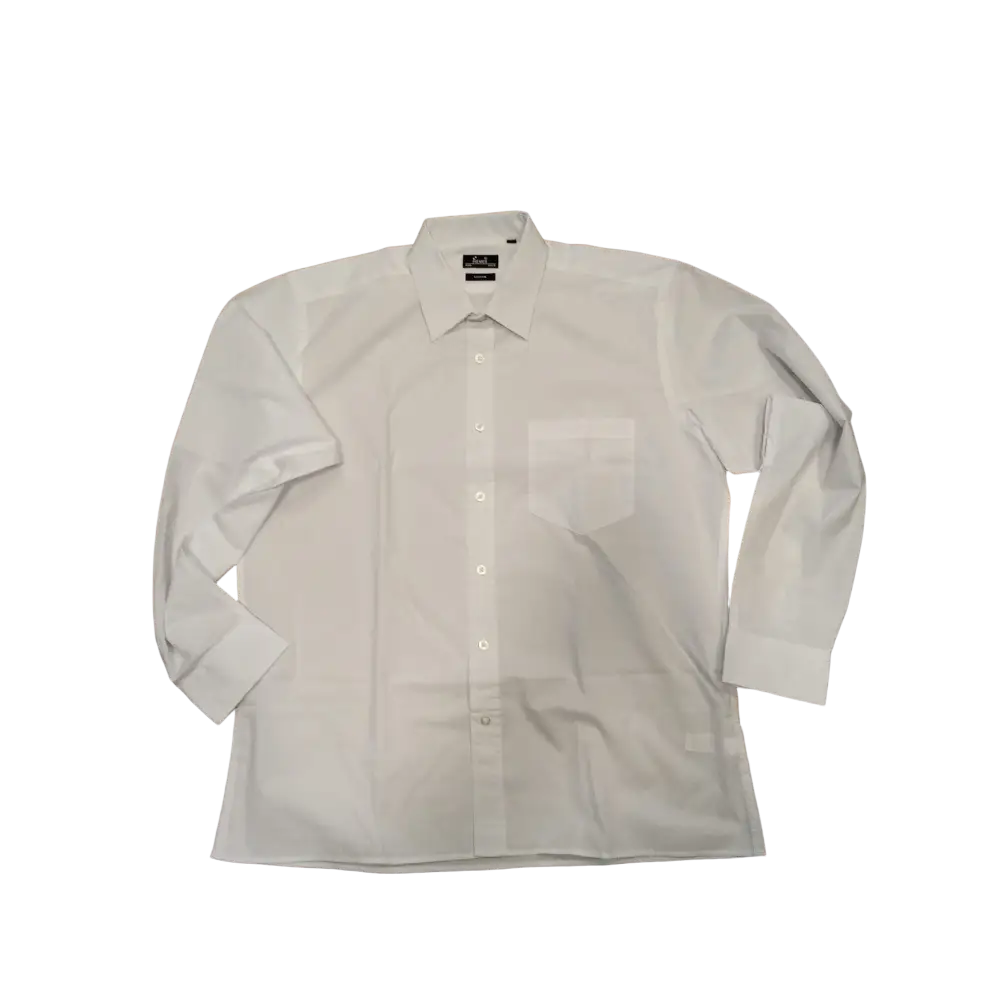 Camicia bianca da uomo con maniche lunghe e colletto a punta, probabilmente in cotone o miscela di poliestere.