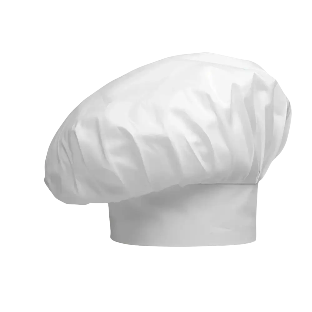Cappello da cuoco bianco con corona rotonda e gonfia e fascia rigida.