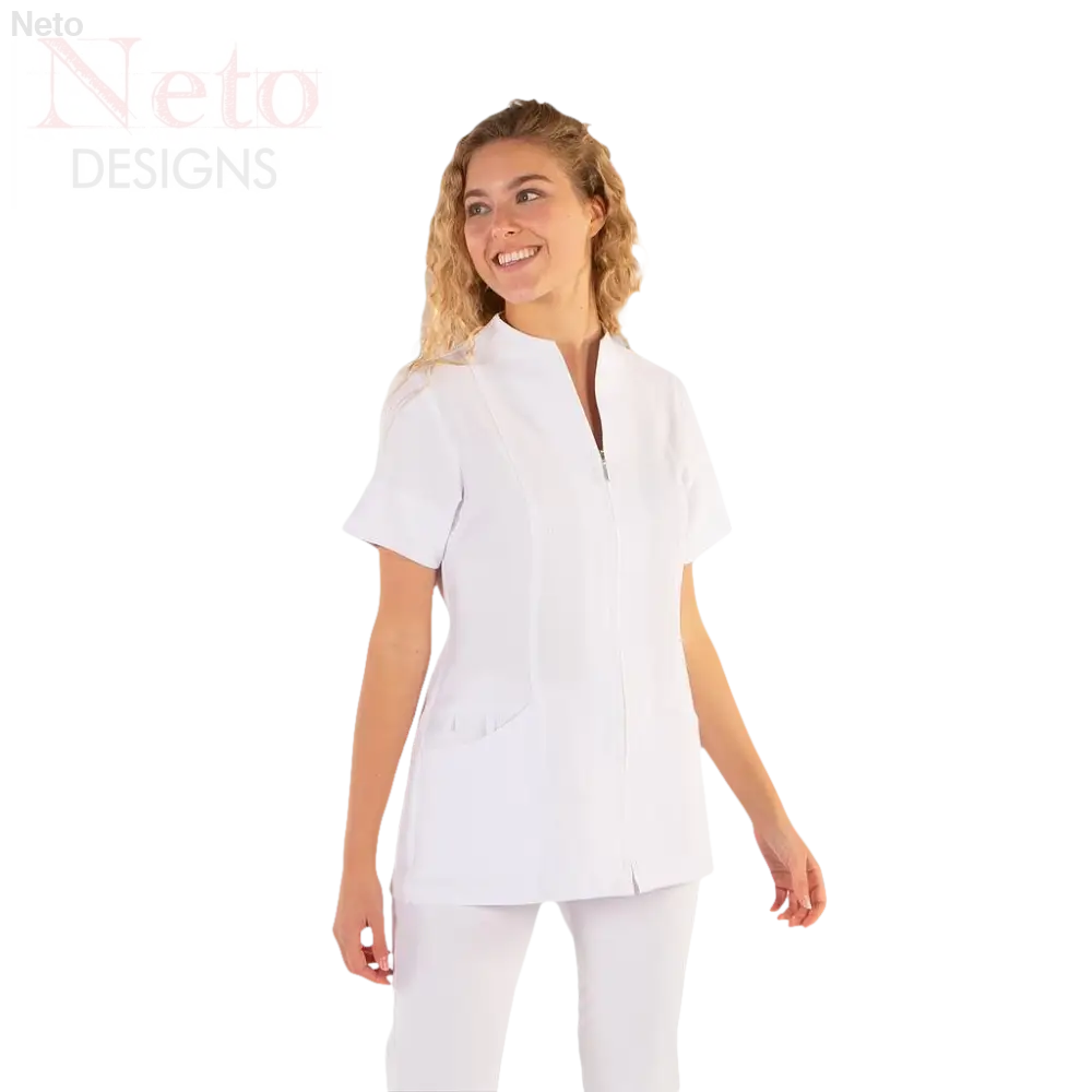 Casacca donna con zip in tessuto bianco, spacchi laterali e moderno collo