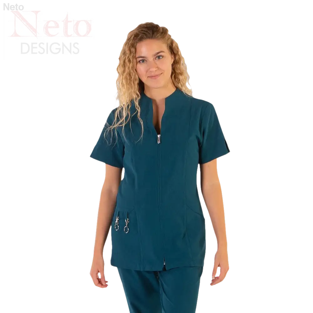Casacca donna con zip teal, spacchi laterali e moderno collo