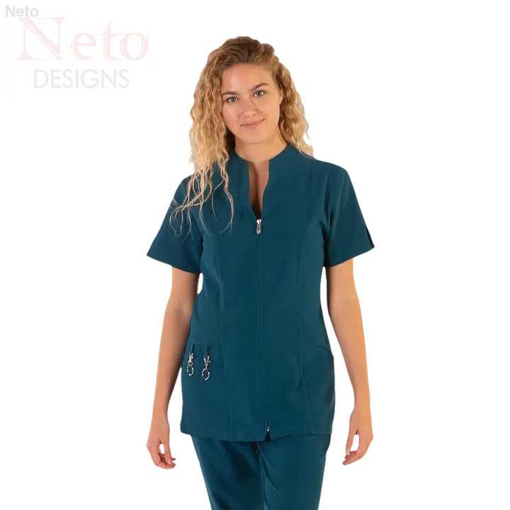 Casacca donna con zip teal, spacchi laterali e moderno collo