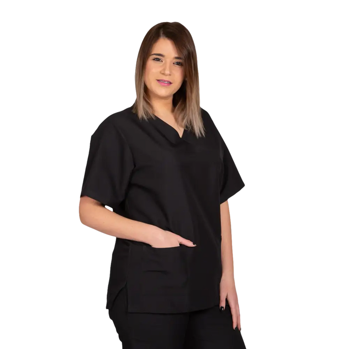 Top medico nero a maniche corte con scollo a V e tasche.