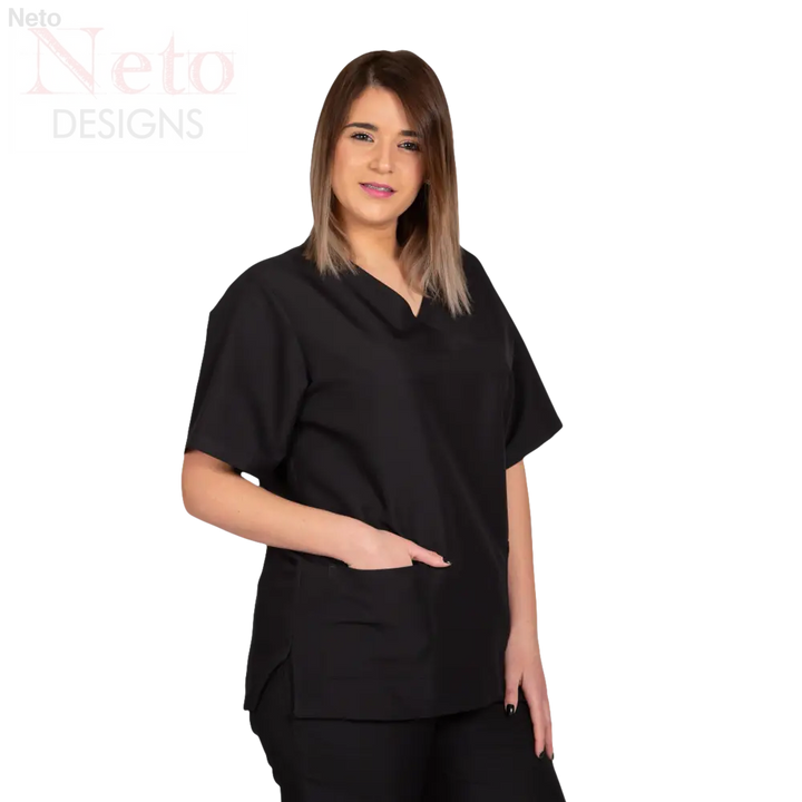 Casacca unisex microfibra nera a maniche corte con V-neck e tasche