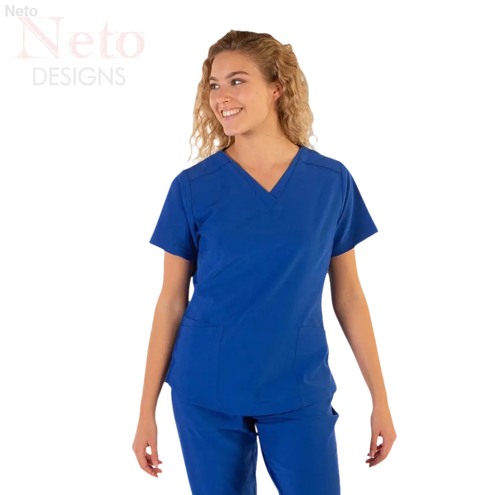 Casacca donna microfibra blu con scollo V e maniche corte