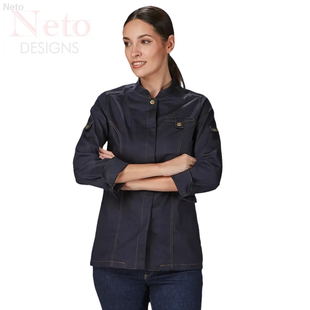 Giacca cucina donna unisex con maniche lunghe arrotolabili e design couture