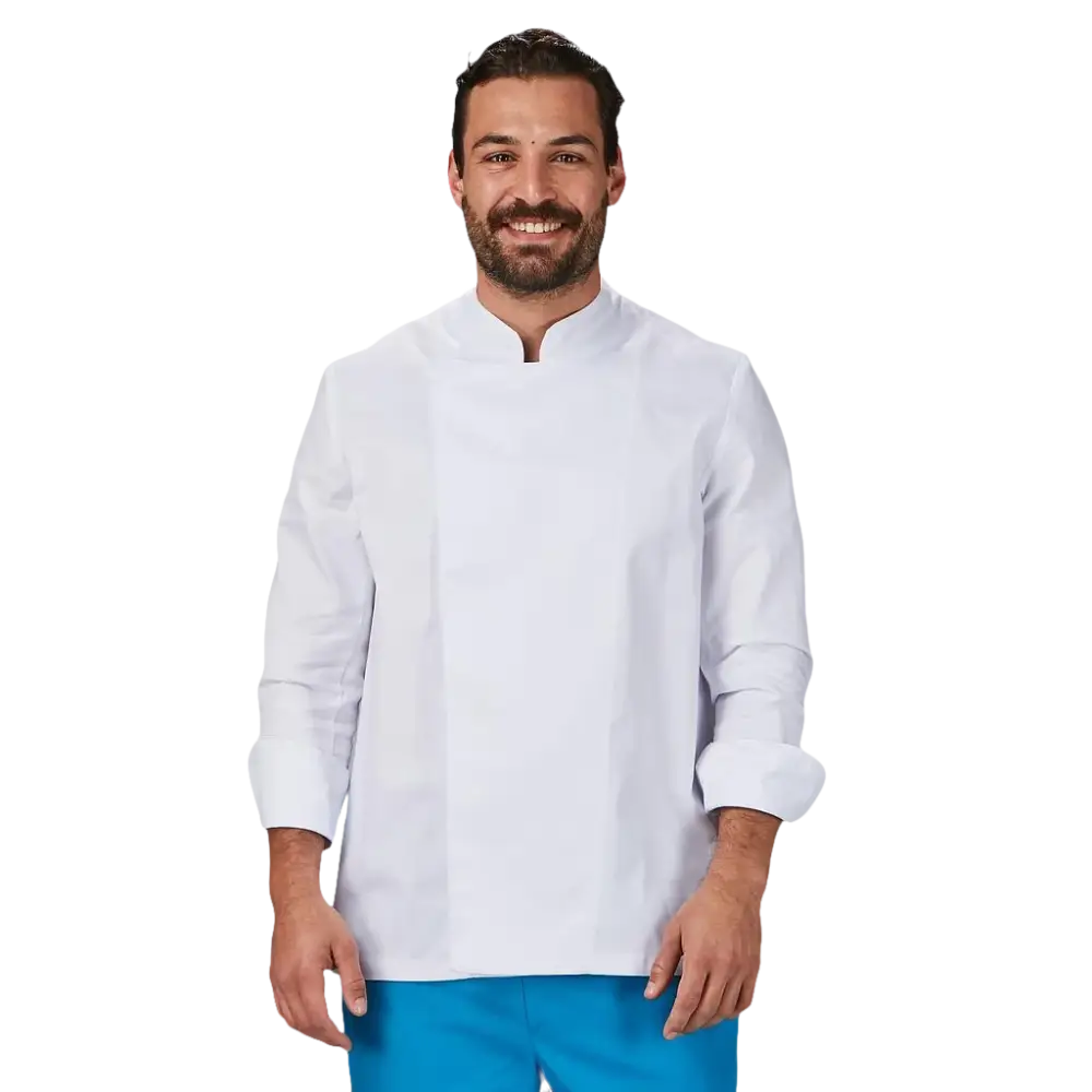 Cappotto da cuoco bianco da uomo con maniche lunghe e collo asimmetrico.