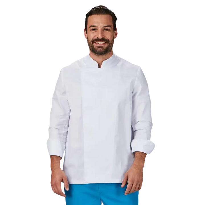 Cappotto da cuoco bianco da uomo con maniche lunghe e collo asimmetrico.