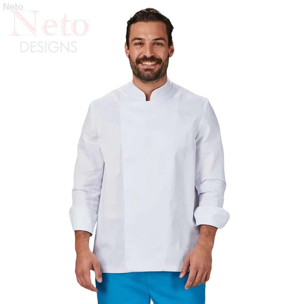 Giacca cucina unisex bianca con maniche lunghe e collo asimmetrico in miscela sarga