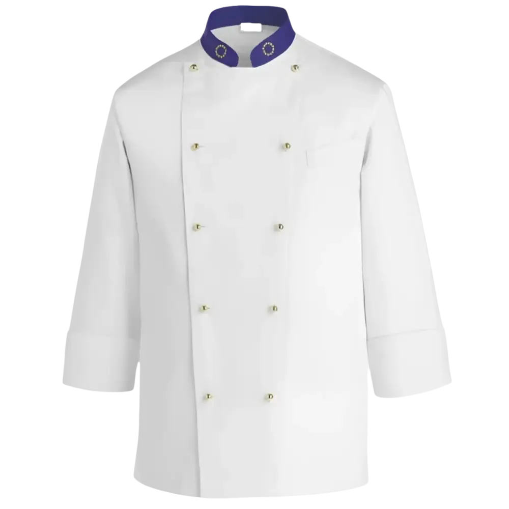 Cappotto da cuoco bianco con colletto blu e bottoni dorati.