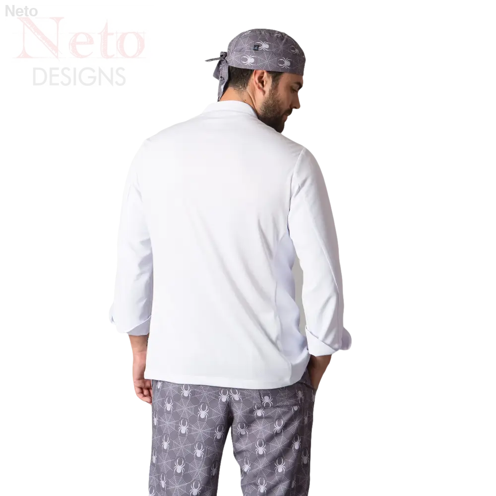 Chef in giacca cuoco microfibra manica lunga con colletto mao e pantaloni a ragno