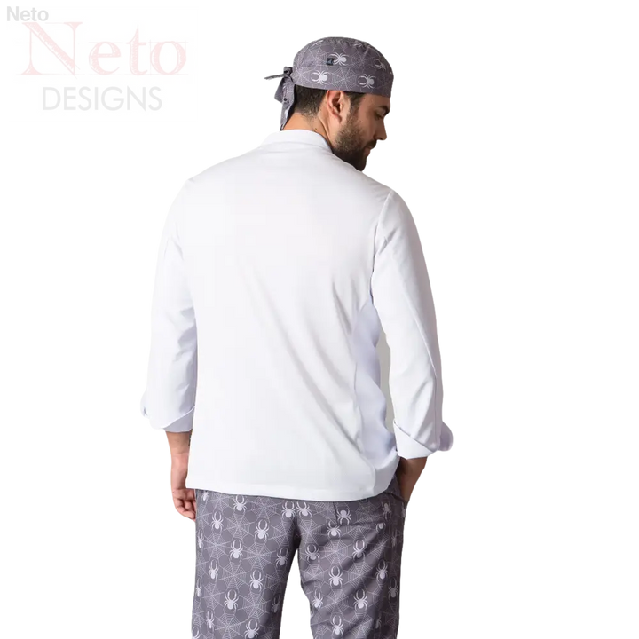 Chef in giacca cuoco microfibra manica lunga con colletto mao e pantaloni a ragno