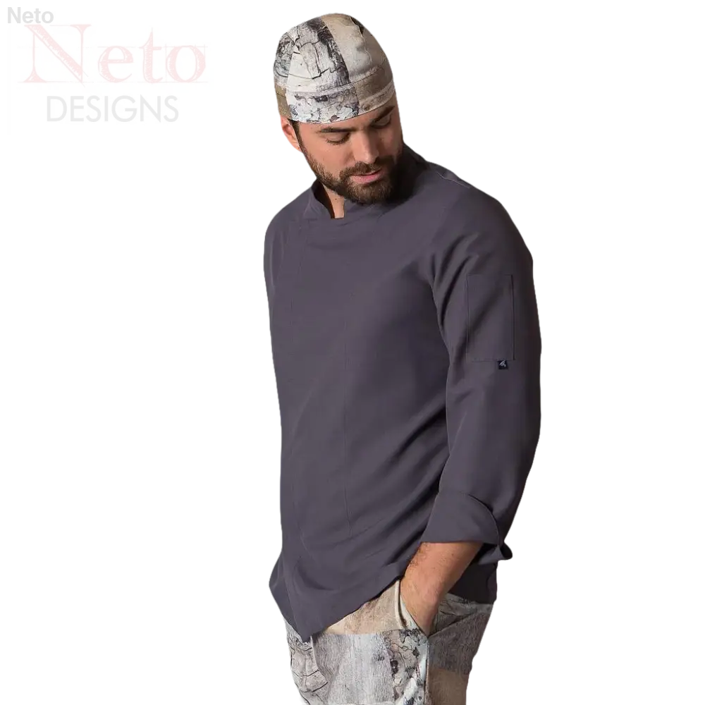 Giacca cuoco microfibra manica lunga grigia con colletto mao