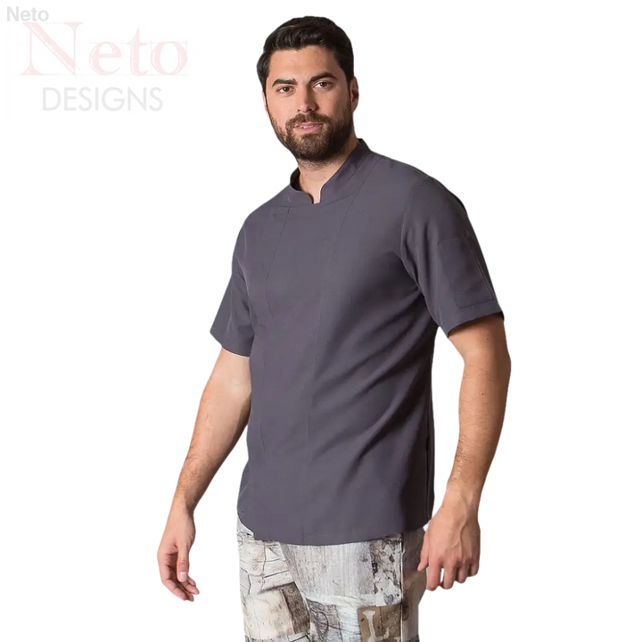 Uomo in giacca cuoco microfibra manica corta con colletto mao grigia