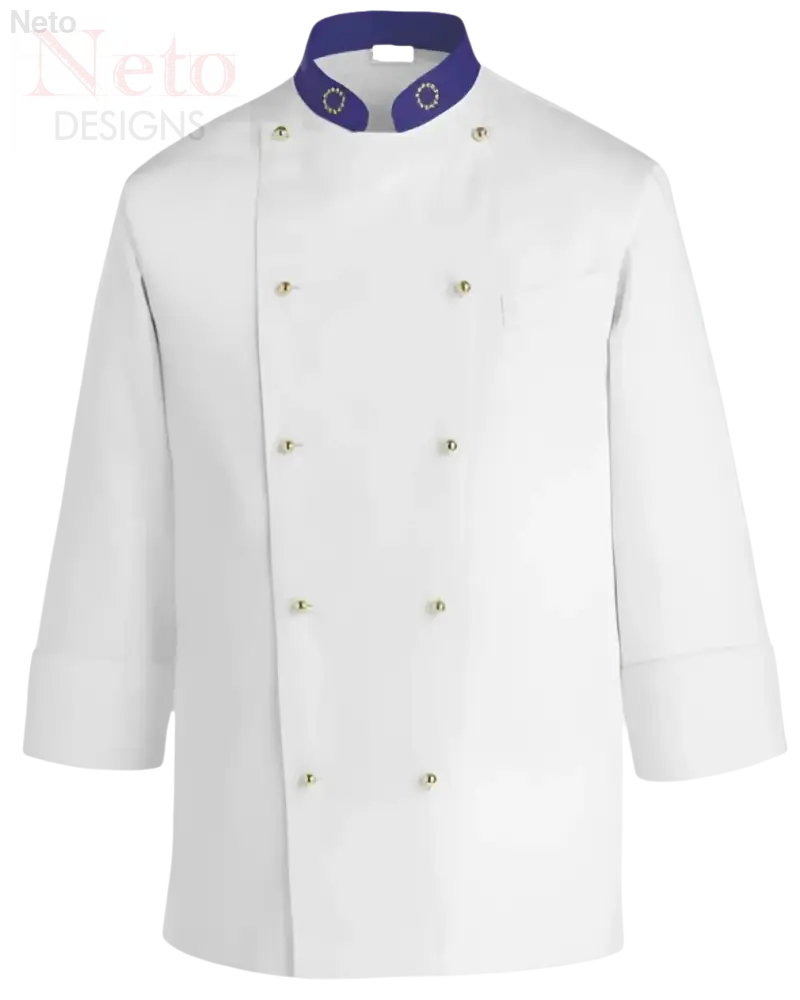 Giacca cuoco unisex in cotone con bottoni estraibili e colletto blu