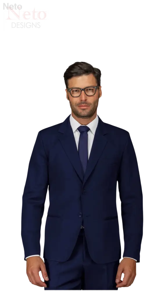 Giacca uomo sartoriale blu navy con camicia bianca e cravatta abbinata