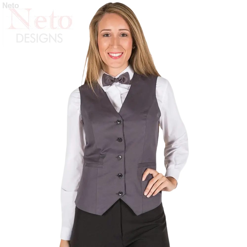 Gilet donna grigio elegante con cravatta a farfalla, adatto per eleganza