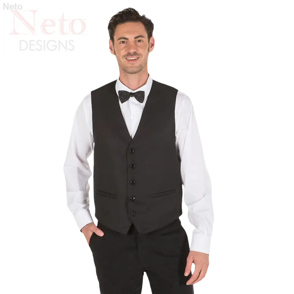 Uomo in gilet nero con papillon, design classico per gilet presenta in ospitalità