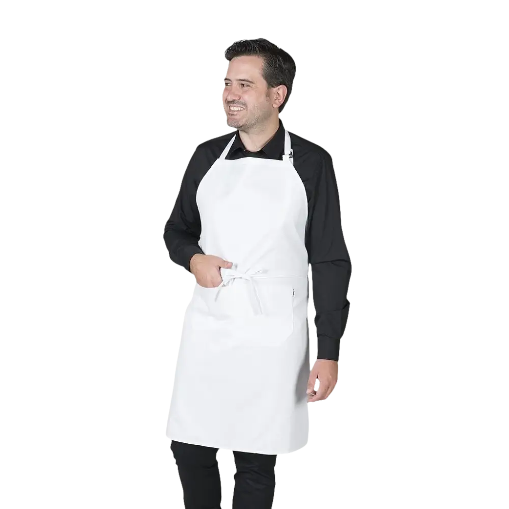 Grembiule bianco con tasca sul petto e lacci in vita.