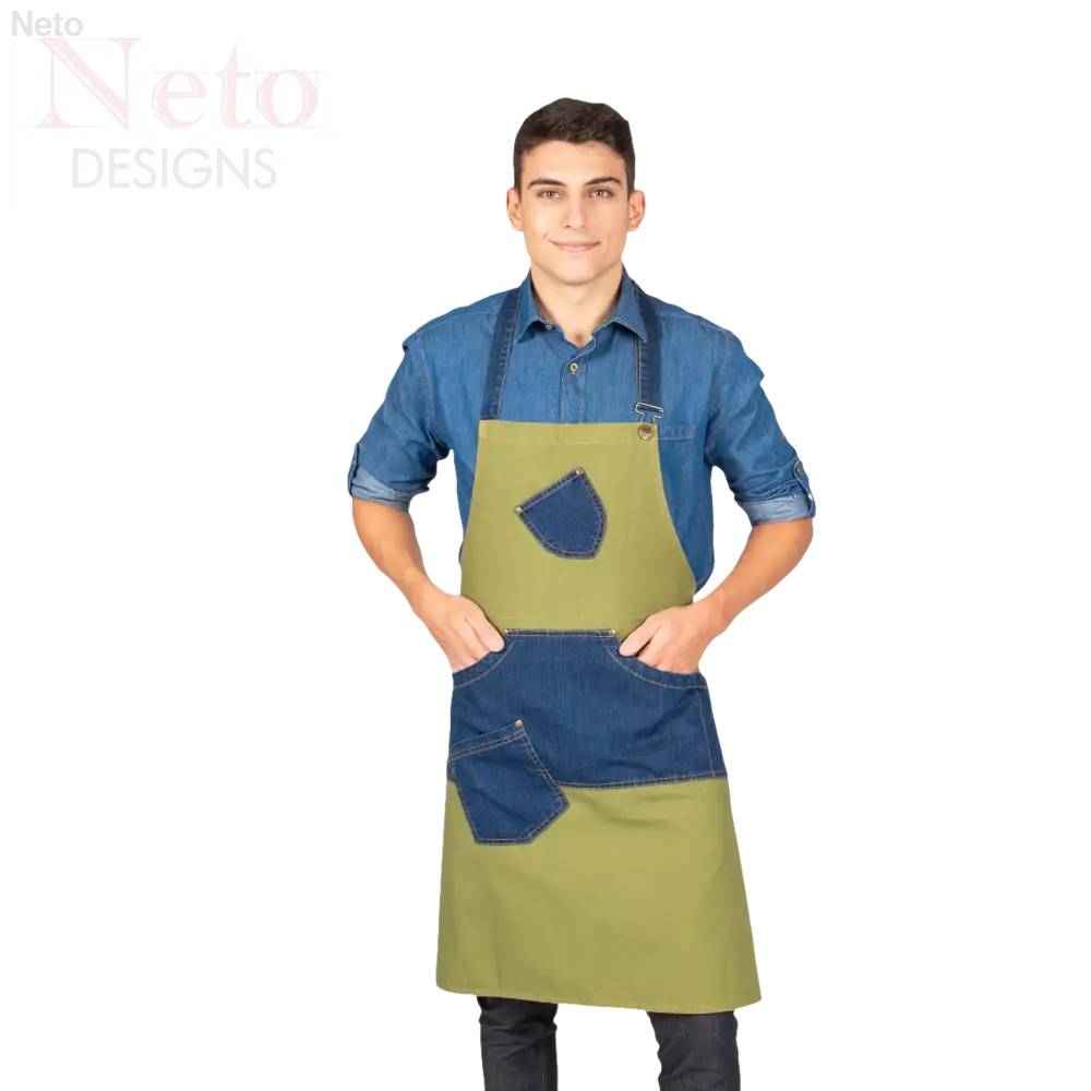 Uomo modella grembiule con pettorina in denim indaco combi twill esclusiva