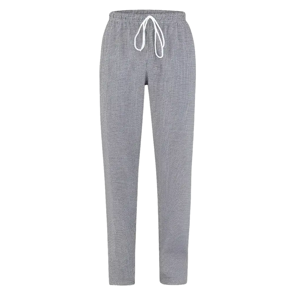 Pantaloni con coulisse a righe bianche e grigie.