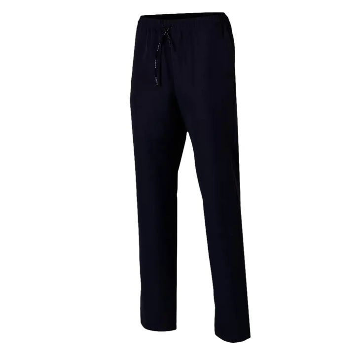 Pantaloni da uomo blu scuro con coulisse in vita.