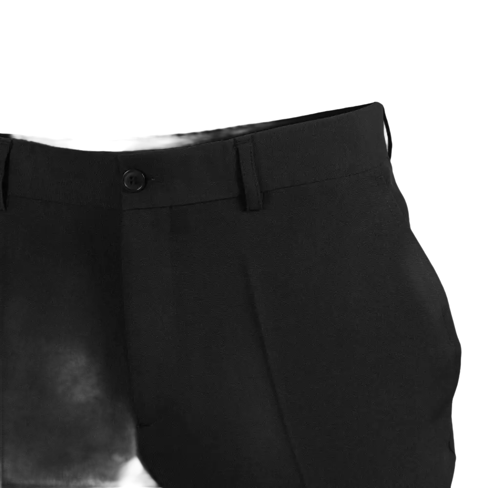 Pantaloni eleganti neri da uomo con chiusura a bottoni e passanti per la cintura.