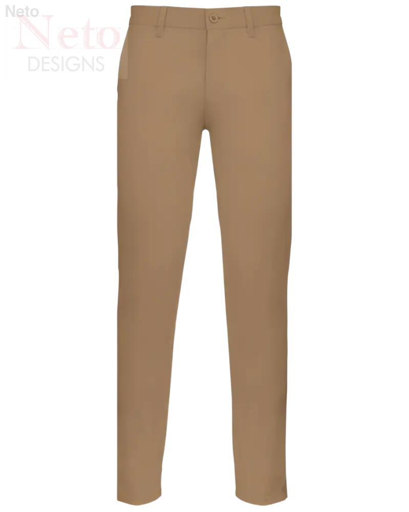 Pantaloni chino uomo in twill di cotone khaki, gamba dritta e chiusura a bottoni