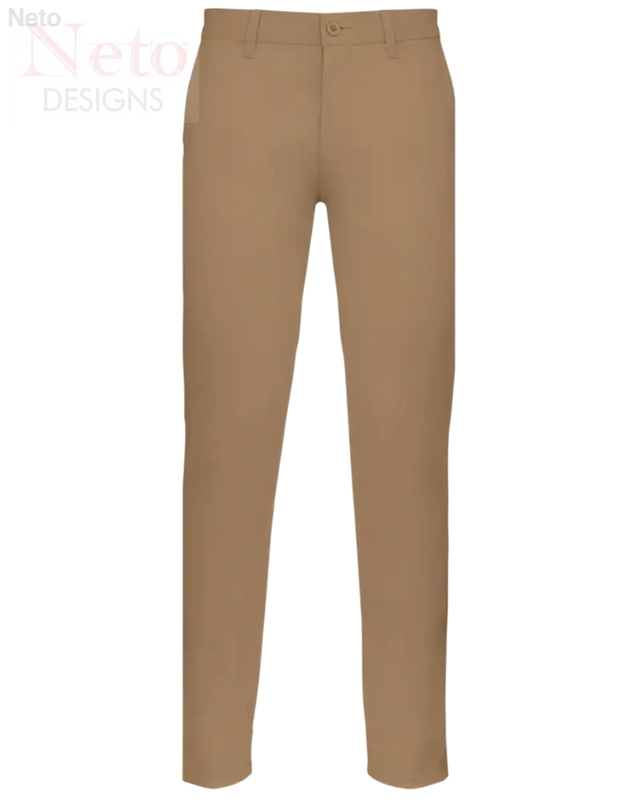 Pantaloni chino uomo in twill di cotone khaki, gamba dritta e chiusura a bottoni