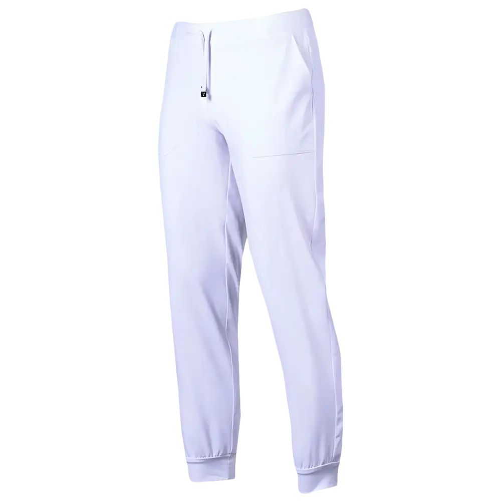 Pantaloni sportivi bianchi con coulisse in vita e polsini alle caviglie.