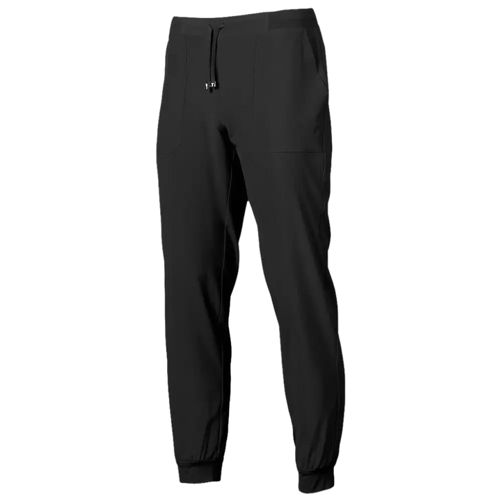 Un paio di joggers casual da uomo neri con coulisse in vita e polsini elasticizzati.
