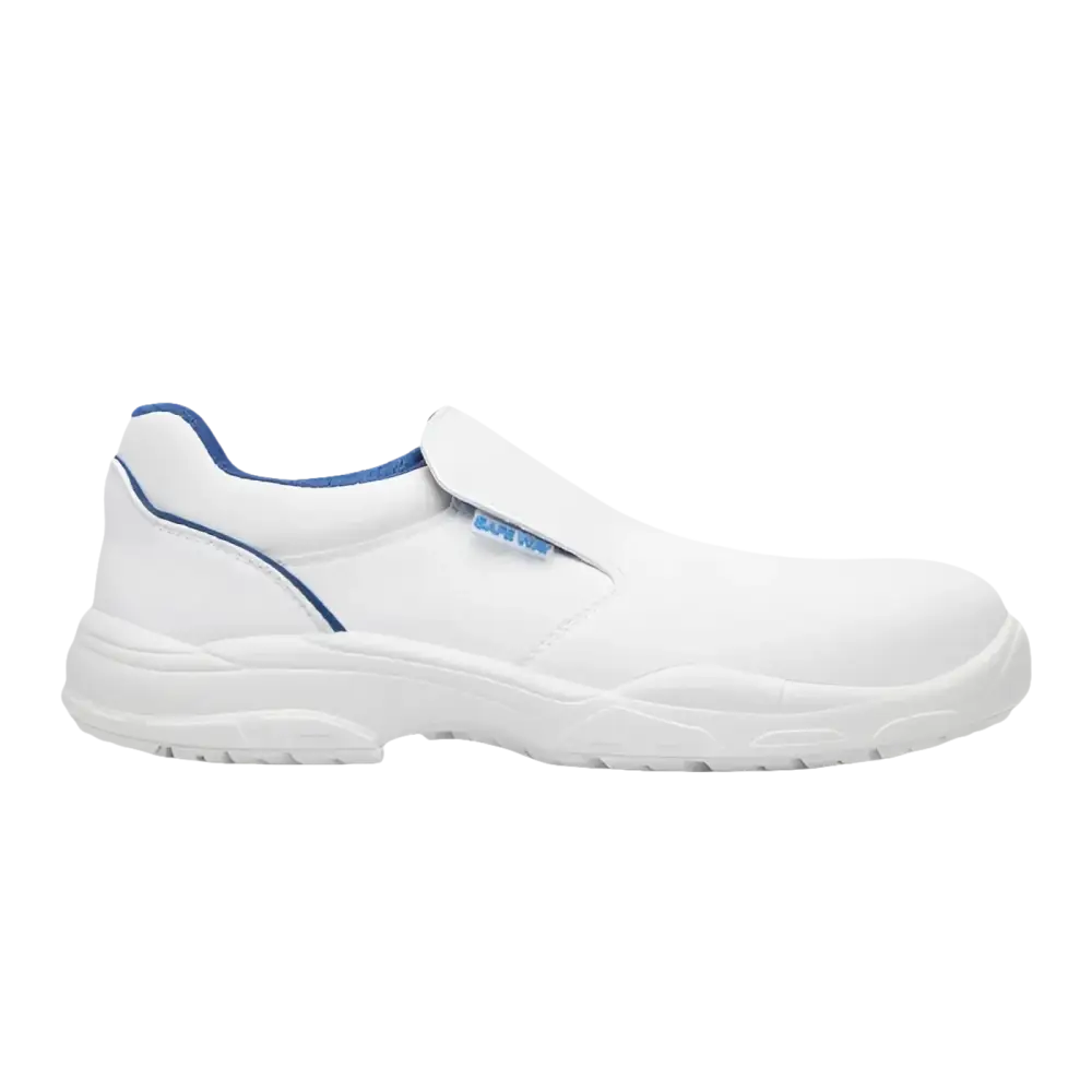 Scarpa da lavoro slip-on bianca con finiture blu.