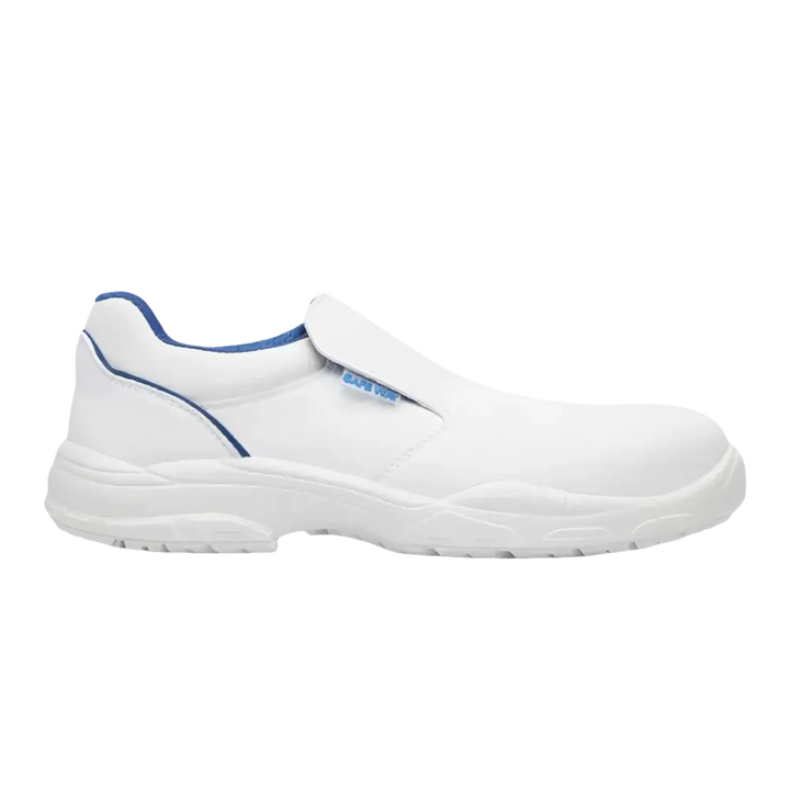 Scarpa da lavoro slip-on bianca con finiture blu.