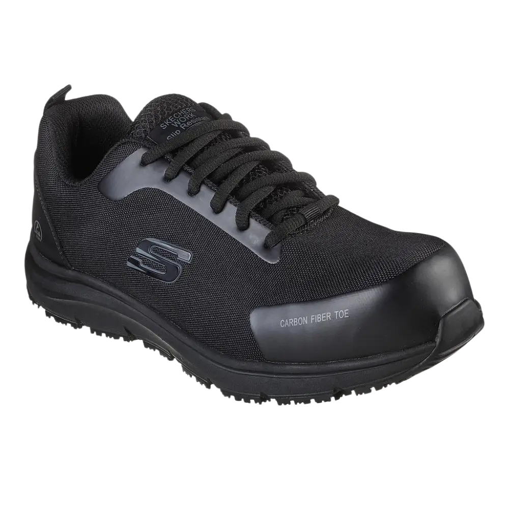 Scarpa da lavoro nera Skechers con puntale in fibra di carbonio e tomaia in mesh.